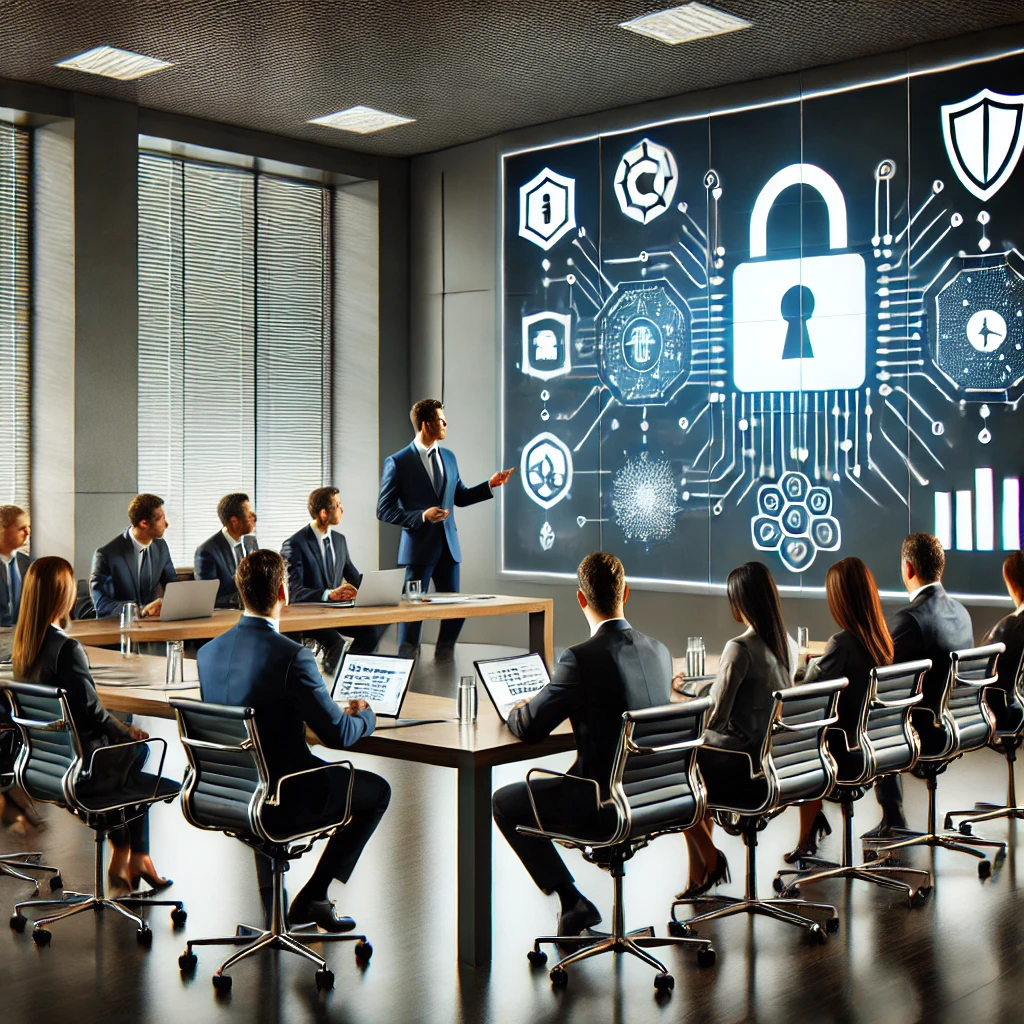 DALL·E 2024-12-30 14.04.55 - A professional, modern image depicting cybersecurity training for businesses. The scene includes a sleek conference room setting with a trainer presen
